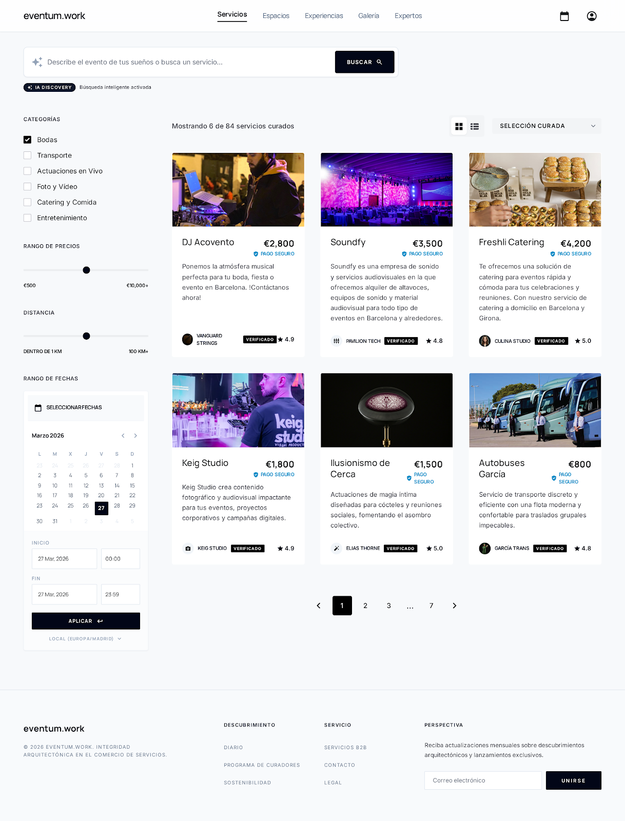 Marketplace Eventum — encuentra y reserva proveedores verificados con filtros, precios en tiempo real y sellos de verificación
