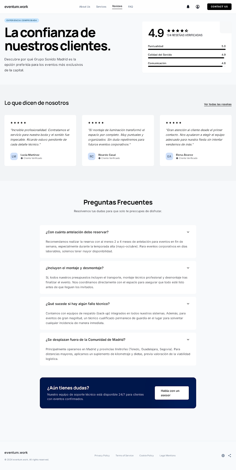 Página de Reseñas y Preguntas Frecuentes del proveedor en Eventum