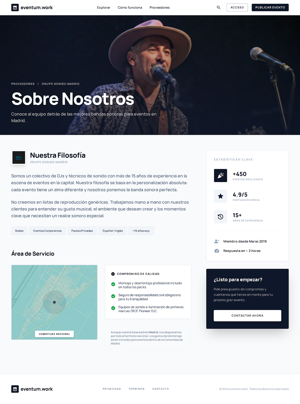 Página Sobre Nosotros de un proveedor en Eventum — perfil, área de servicio y filosofía del equipo